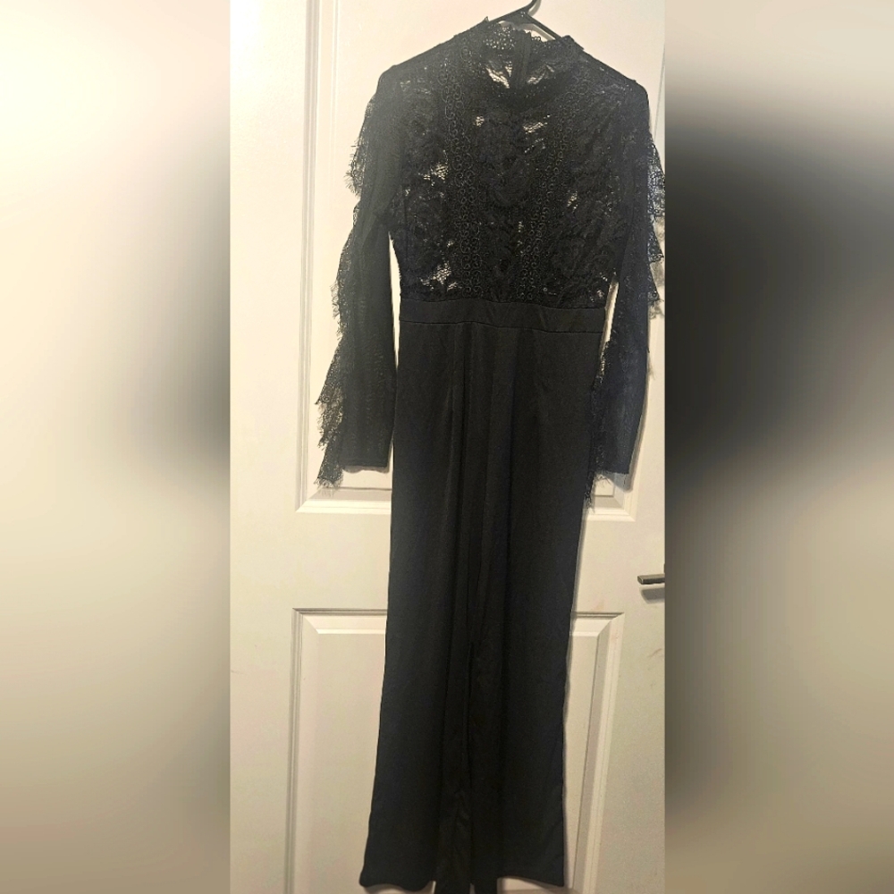 Women's lace top long sleeve satin polyester bottom formal jumpsuit